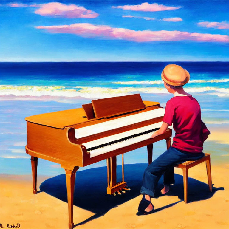 Person in Red Shirt Plays Grand Piano on Sandy Beach