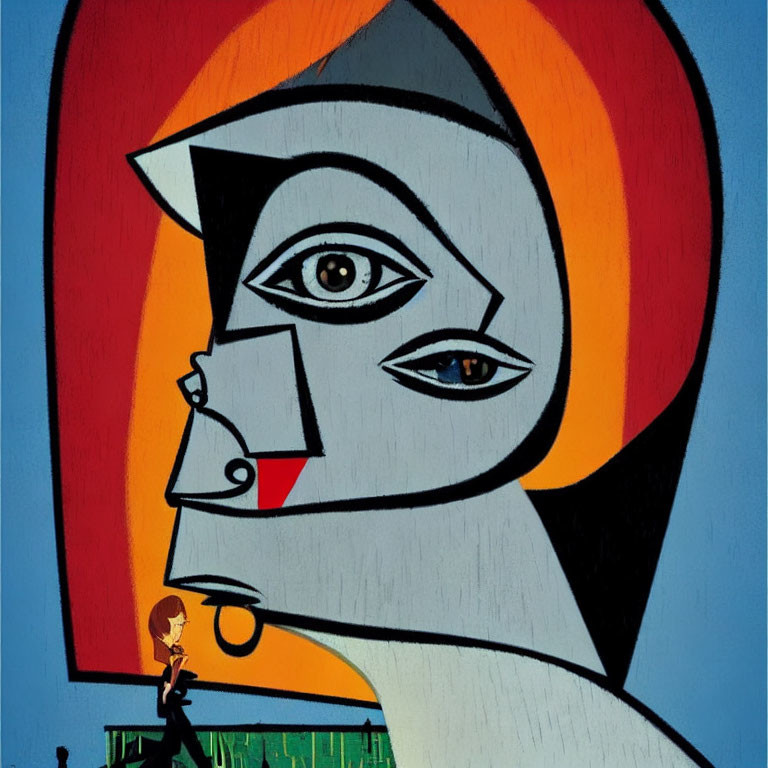 Abstract painting of stylized female face with multiple eyes on blue background.
