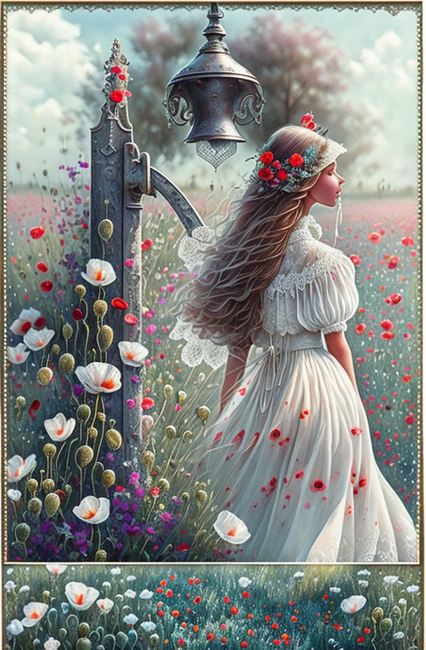 Woman in white dress with red flowers by vintage lamp post in poppy field