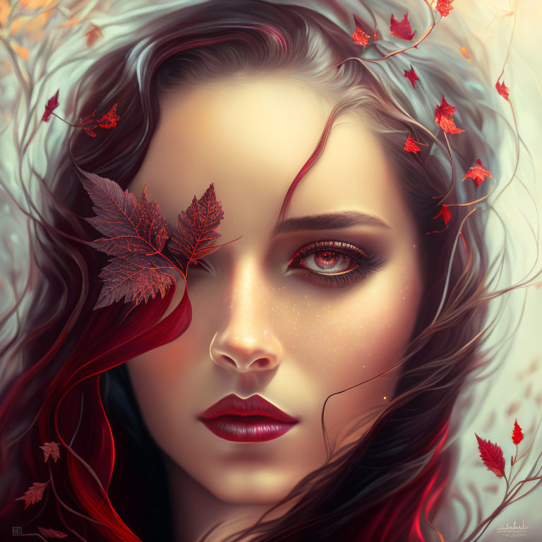 Vibrant red hair woman with autumn leaves in digital portrait