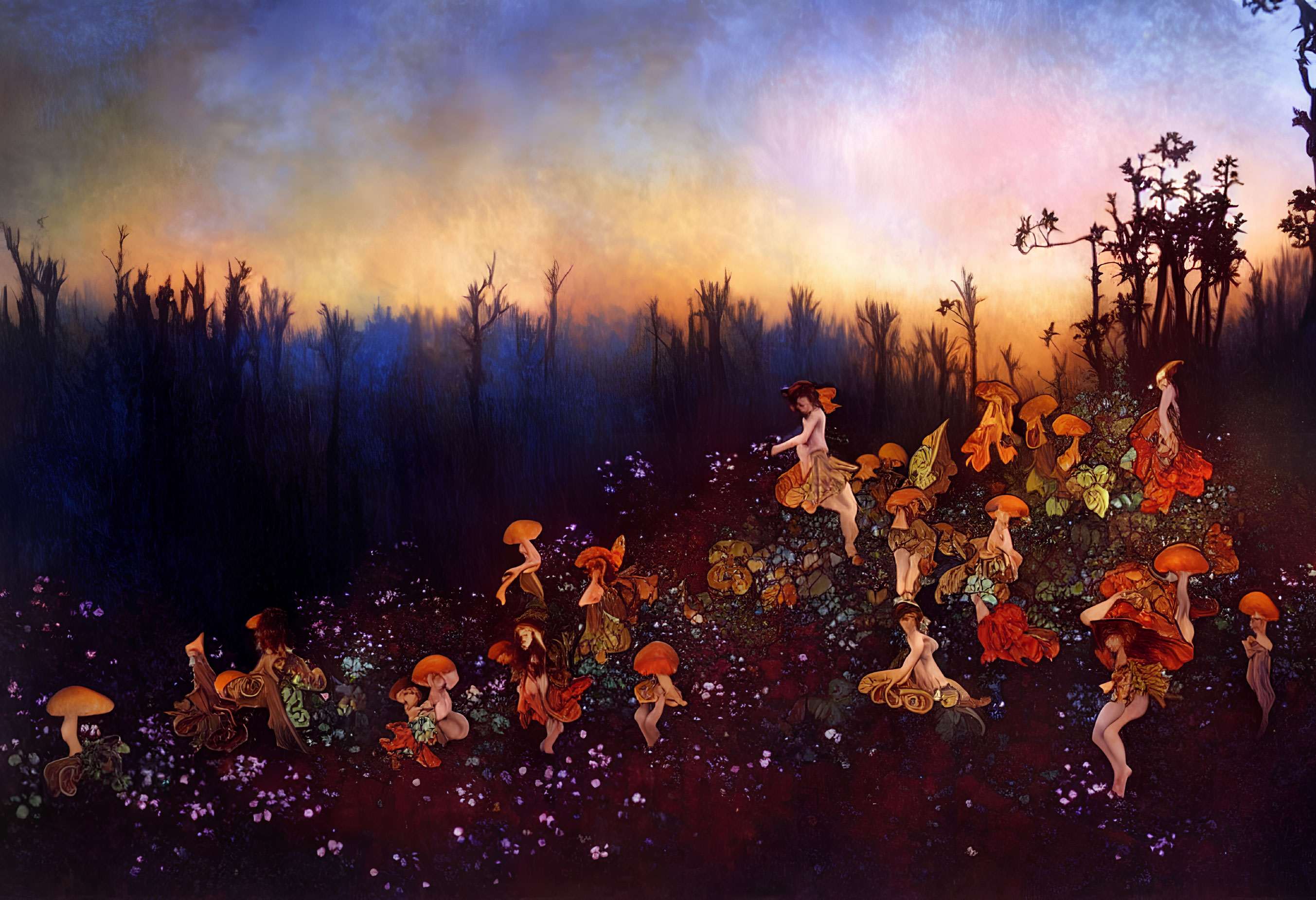 Fairies with mushroom caps in forest at dusk with radiant sky