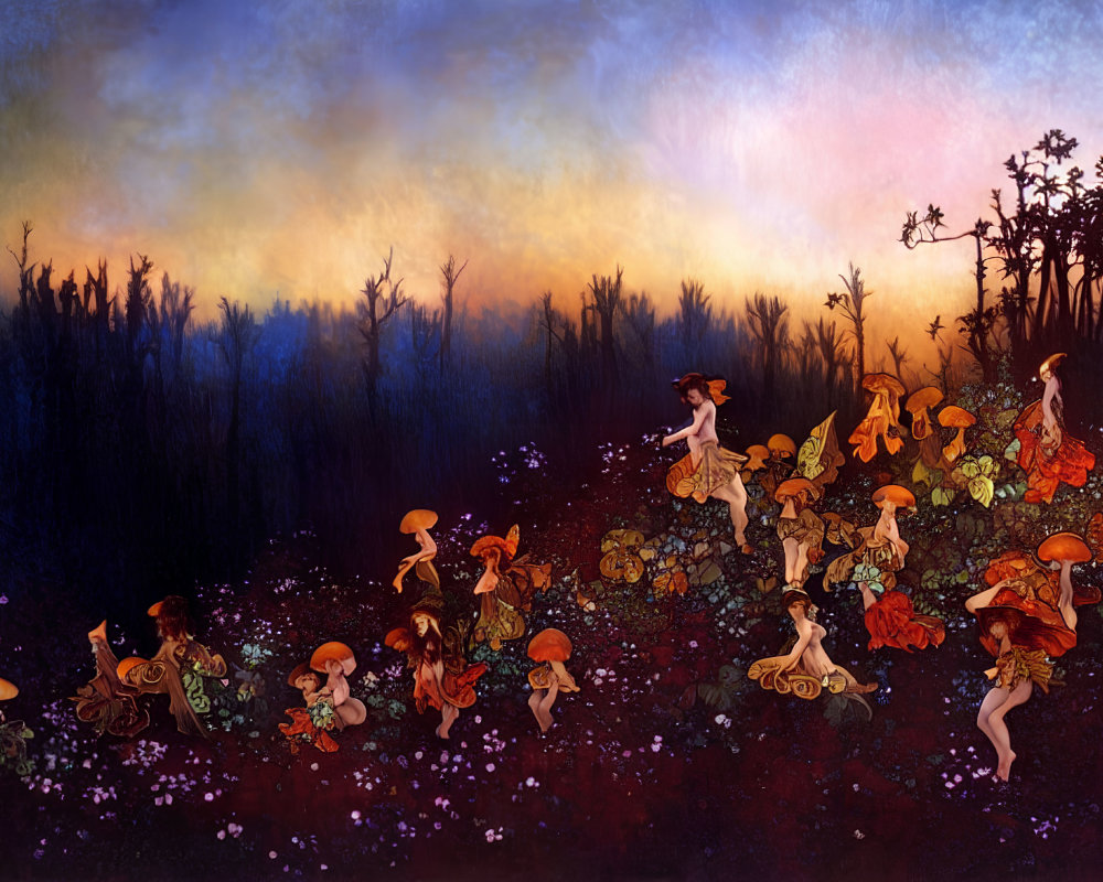 Fairies with mushroom caps in forest at dusk with radiant sky