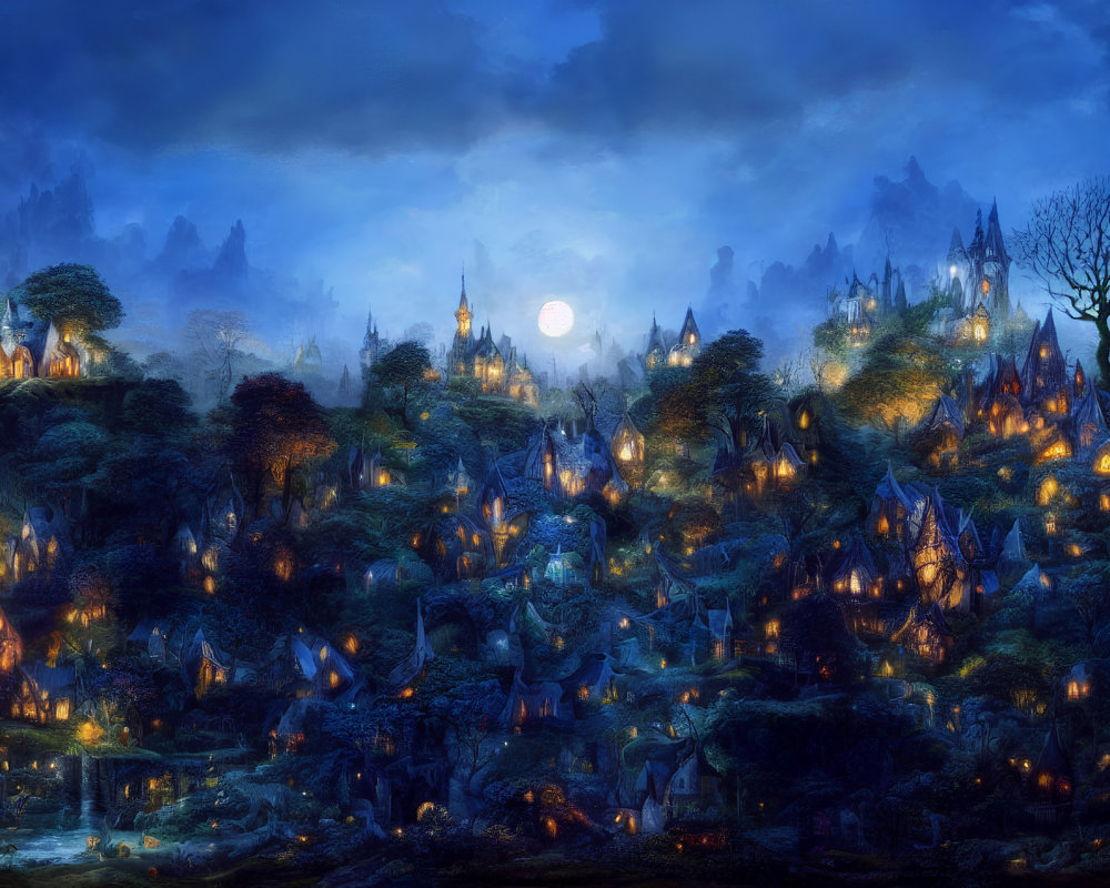 Mystical village in moonlit nocturnal landscape