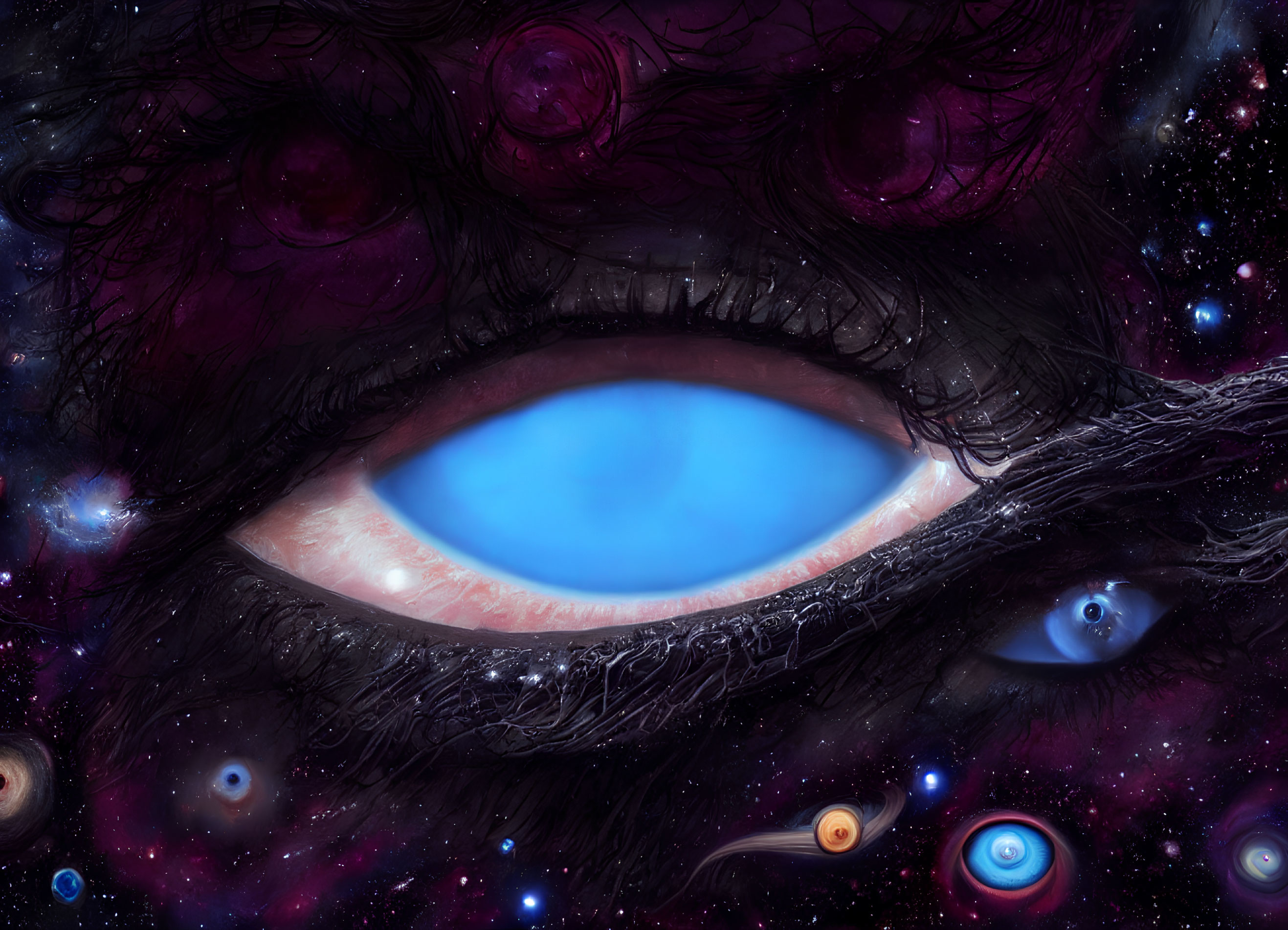 Celestial-themed cosmic artwork with large blue eye and nebulae