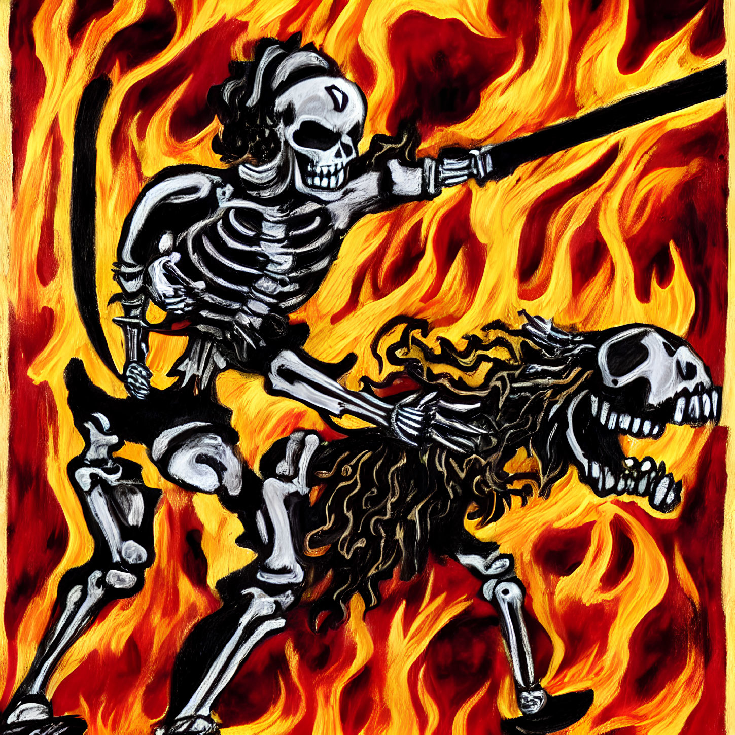 Skeletons in battle surrounded by flames, one standing with sword, one kneeling.
