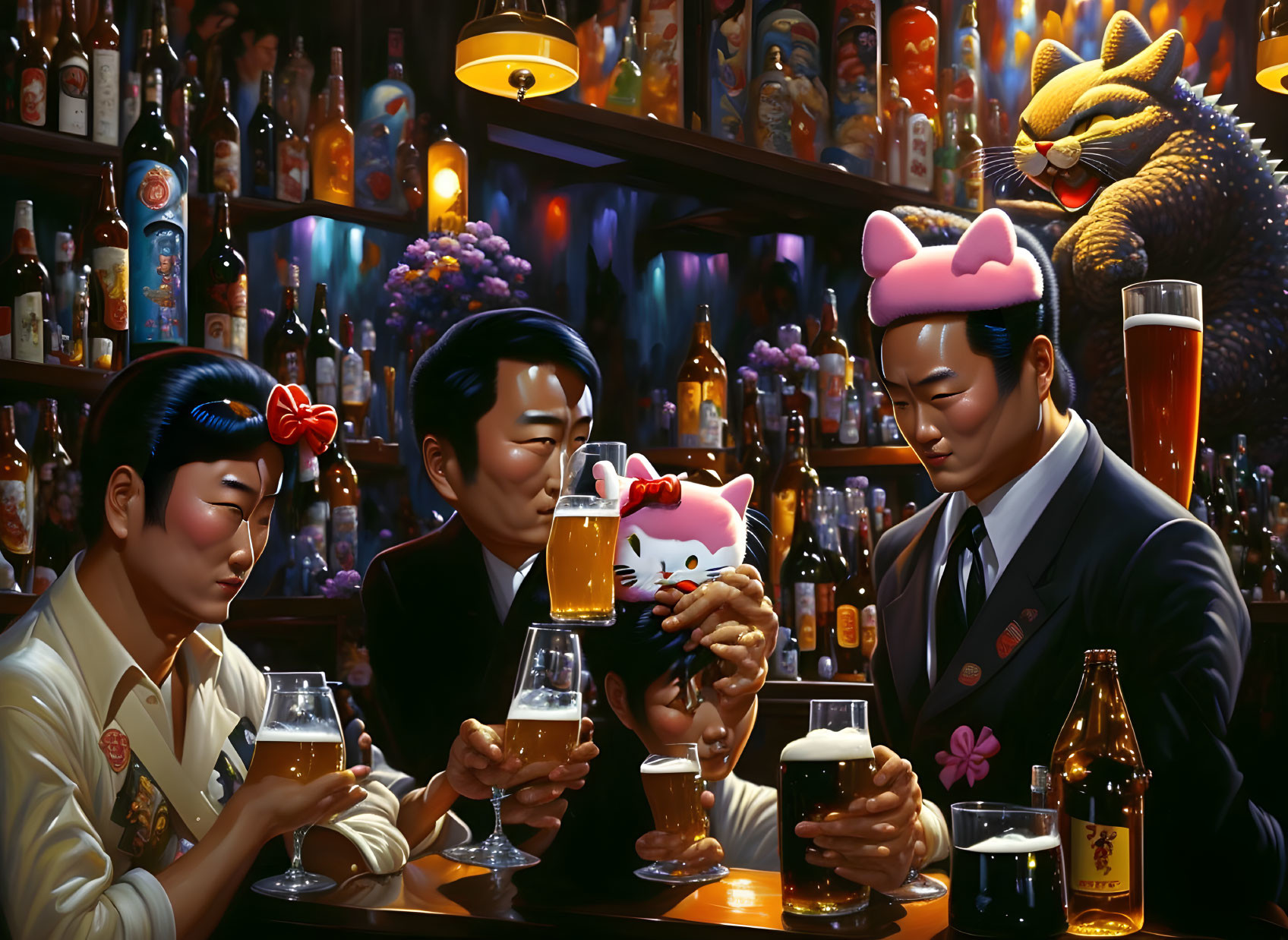 Three people at a vibrant bar with large cat figurine, man touching cat's paw to friend's