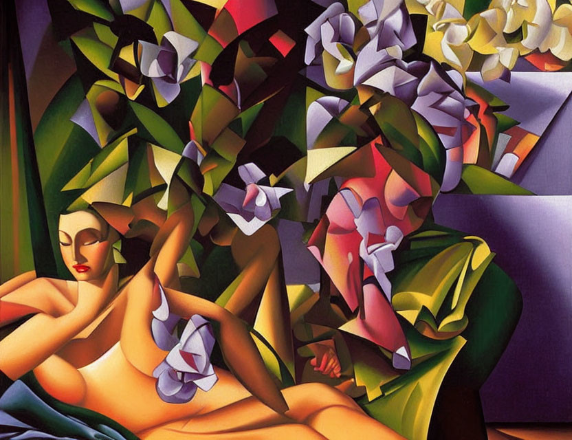 Cubist painting of reclining nude figure with vibrant, stylized flowers