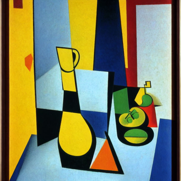 Colorful geometric still life painting with jug, fruit, and bold shapes in red frame