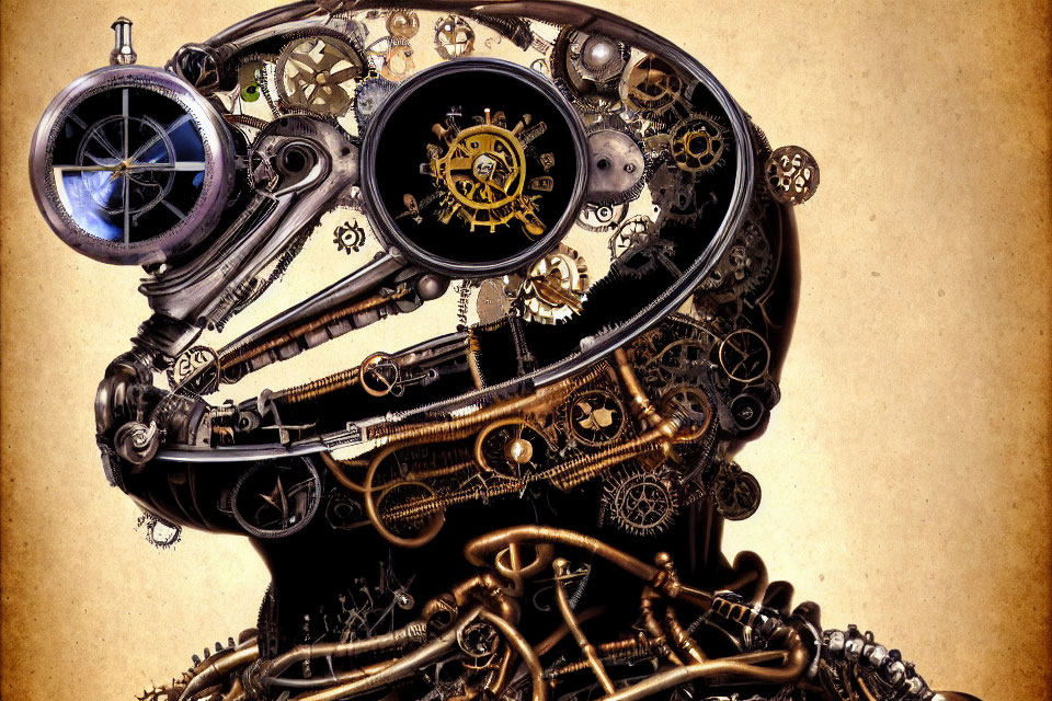 Steampunk Mechanical Brain Artwork on Antiqued Paper