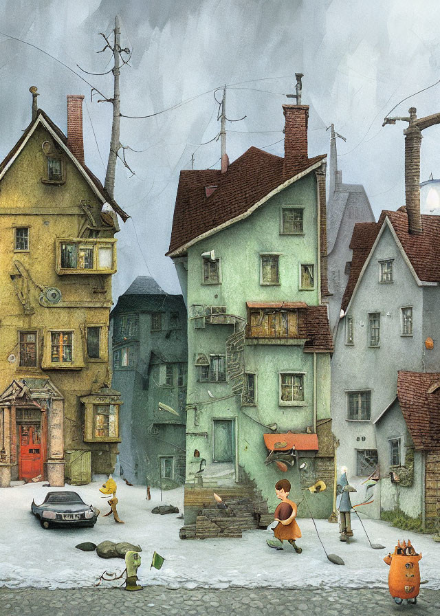 Charming European Street Scene with Old Buildings and Whimsical Characters