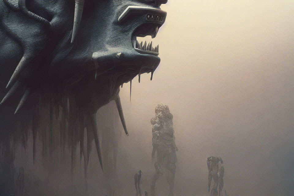 Dystopian artwork with humanoid figures and ominous face in fog