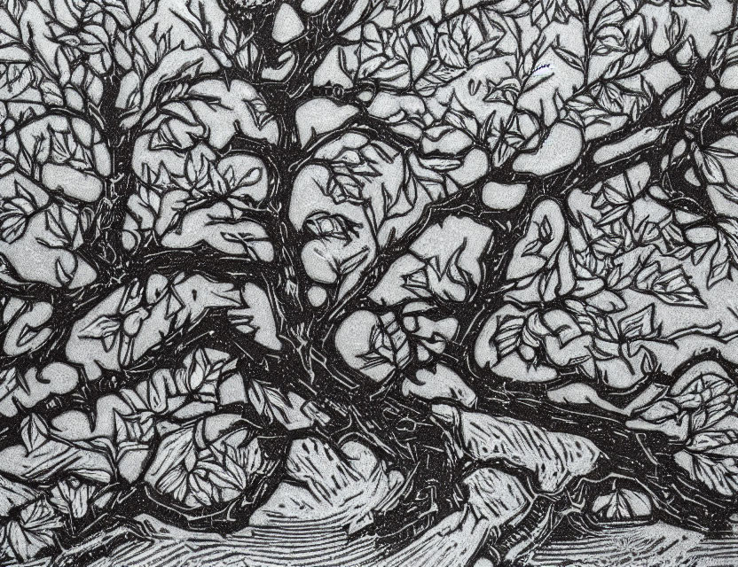Detailed monochrome etching of intertwining tree branches and leaves