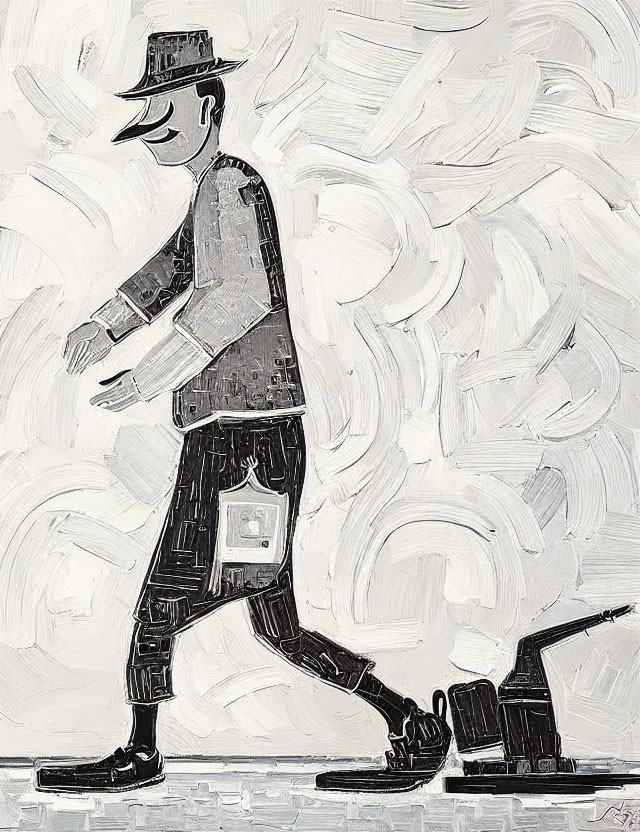 Monochromatic cubist painting of a person with a briefcase