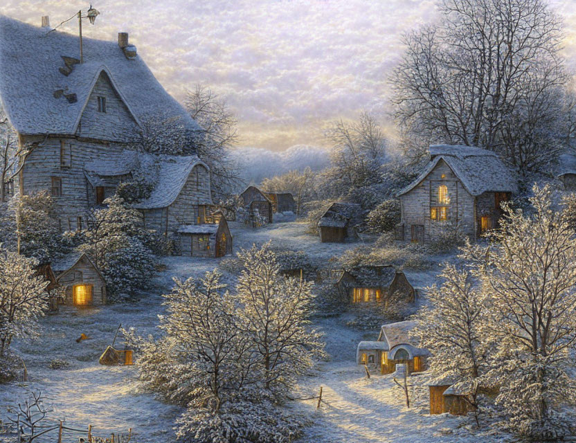 Snow-covered winter village with glowing windows and dusky sky