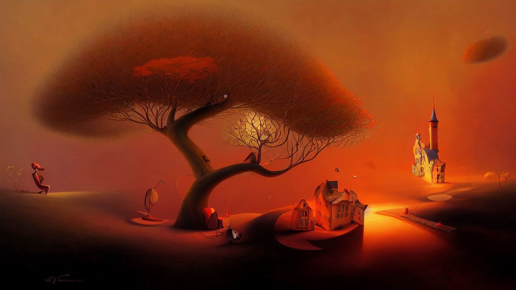 Whimsical autumn landscape with surreal proportions and figure walking towards buildings