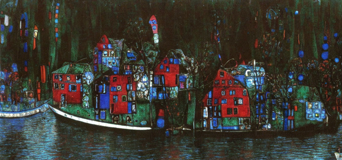 Colorful Night Scene with Red Houses, Gondola, and Lights on Water