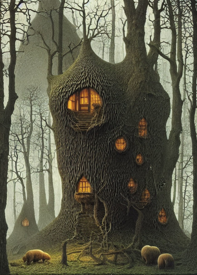 Enchanting Treehouse in Mystical Forest with Glowing Windows