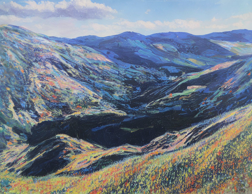 Sunlit Mountainous Landscape Painting in Vibrant Impressionistic Style