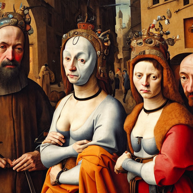 Four Fish-Faced Figures in Surreal Renaissance Style