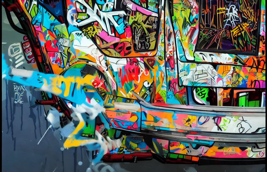 Vibrant graffiti art on train car with colorful splashes and tag-style lettering