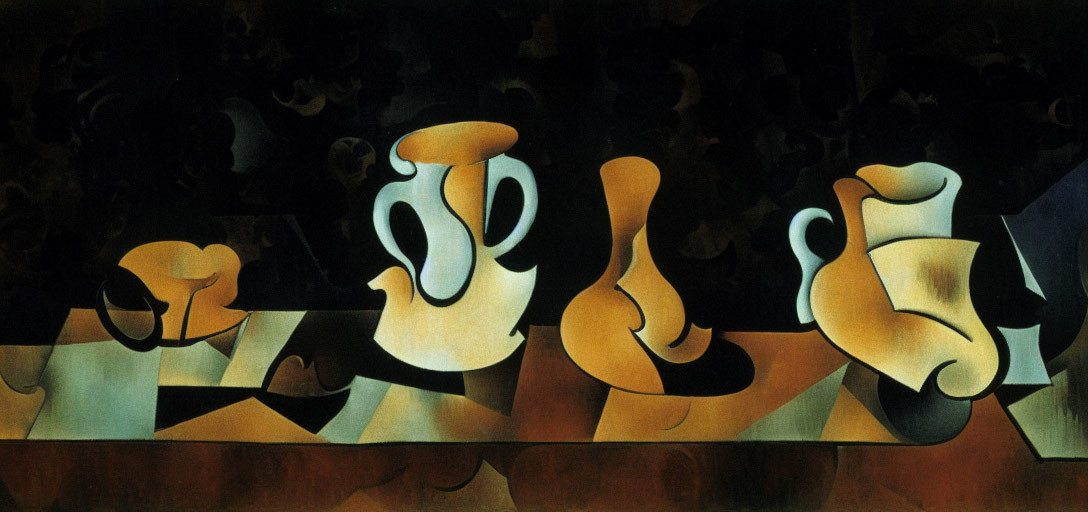 Abstract painting of distorted shapes and figures in brown, tan, and white.