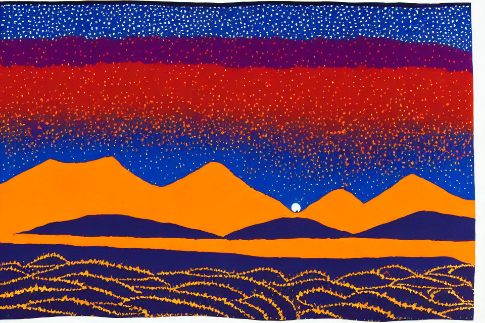 Vivid abstract landscape with orange mountains under dark red and blue sky