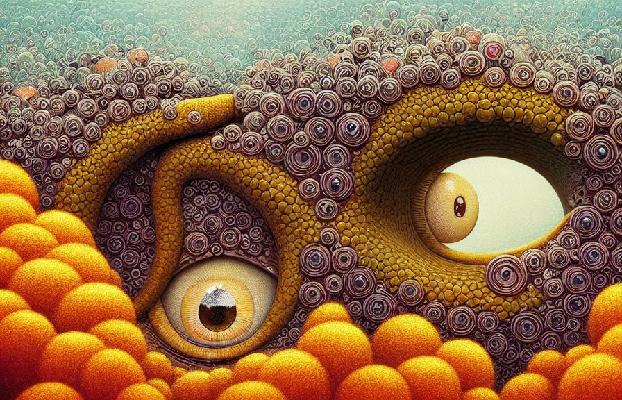 Detailed Surrealist Illustration: Eyes in Abstract Landscape