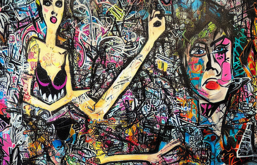 Vibrant graffiti art featuring cartoonish female figures