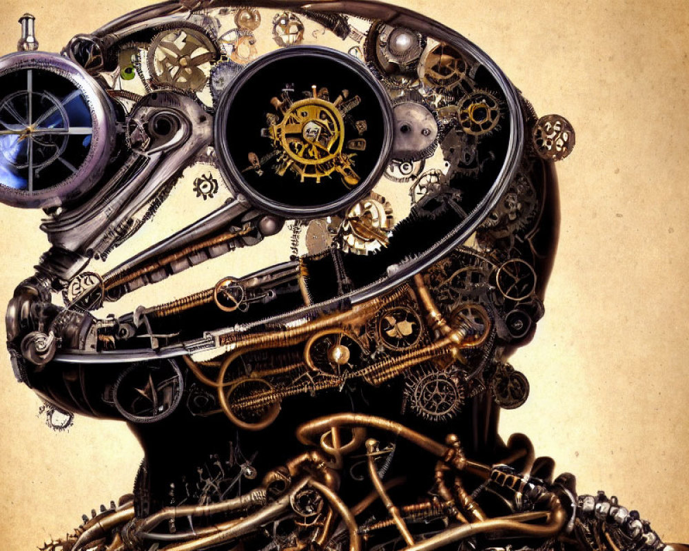 Steampunk Mechanical Brain Artwork on Antiqued Paper