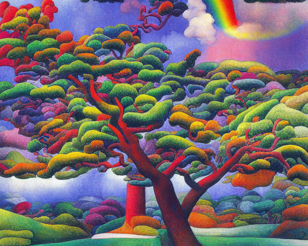Colorful tree painting under technicolor sky with rainbow
