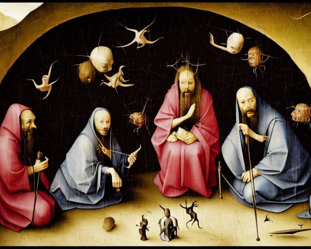 Medieval religious painting with six figures in robes and surreal elements.