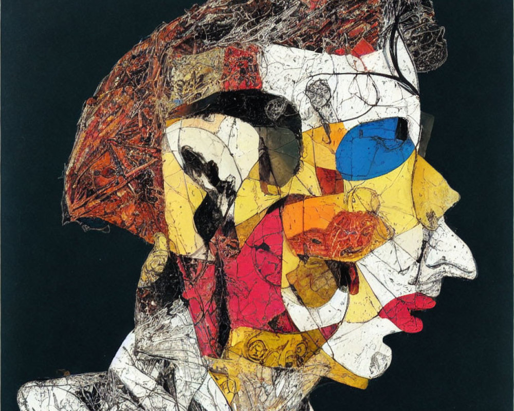 Cubist-style Abstract Portrait in Red, Yellow, Blue, and White