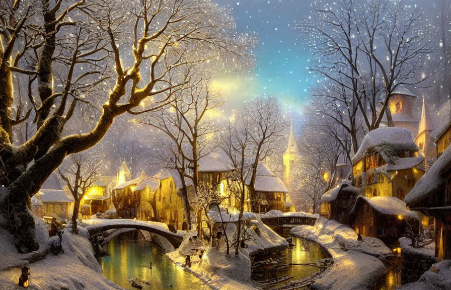 Snow-covered trees, cozy houses, river, and falling snow in serene winter scene