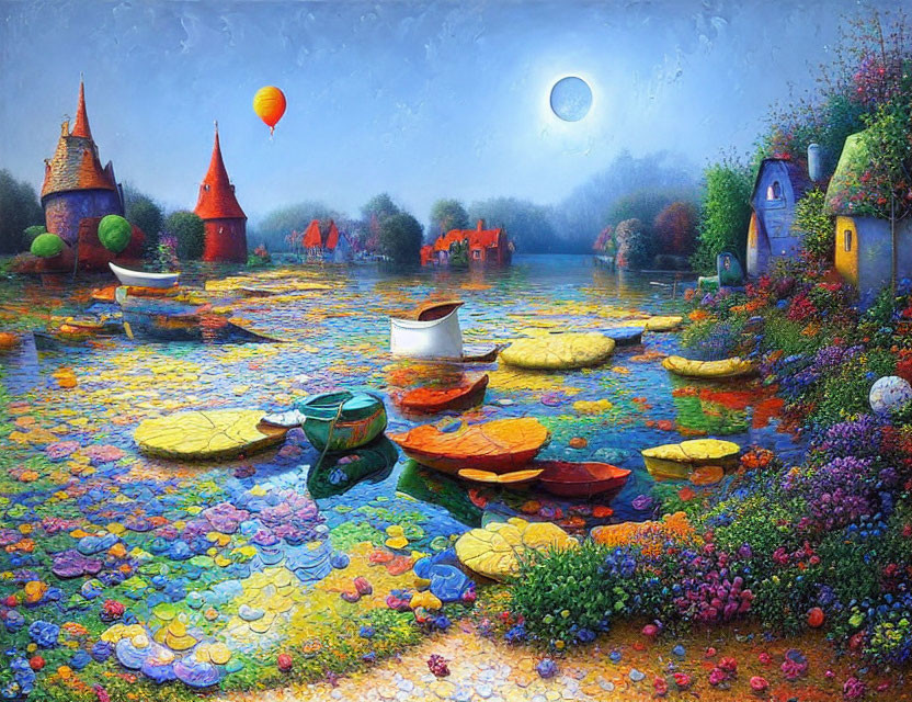 Colorful lily pads, whimsical houses, boats, and hot air balloon in vibrant fantasy landscape