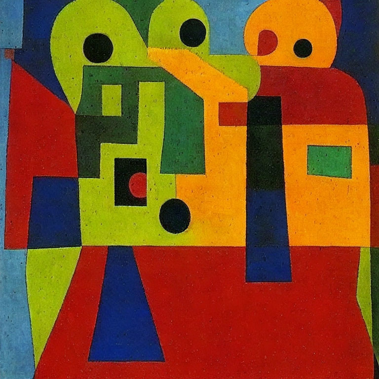 Abstract geometric painting with bold primary colors and overlapping shapes depicting two figures.