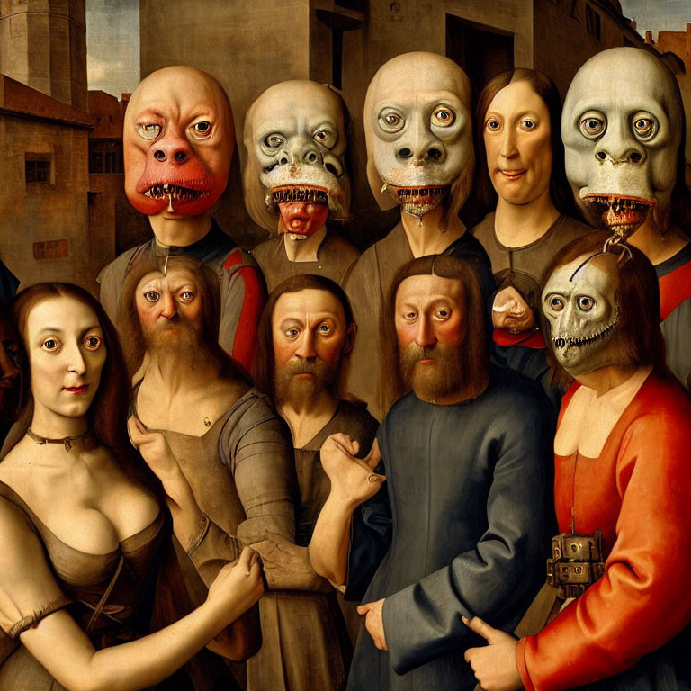 Surreal twist on classical painting with grotesque, oversized heads