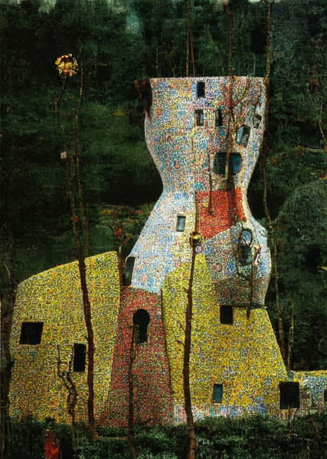 Vibrant mosaic sculpture of human torso against dark foliage.