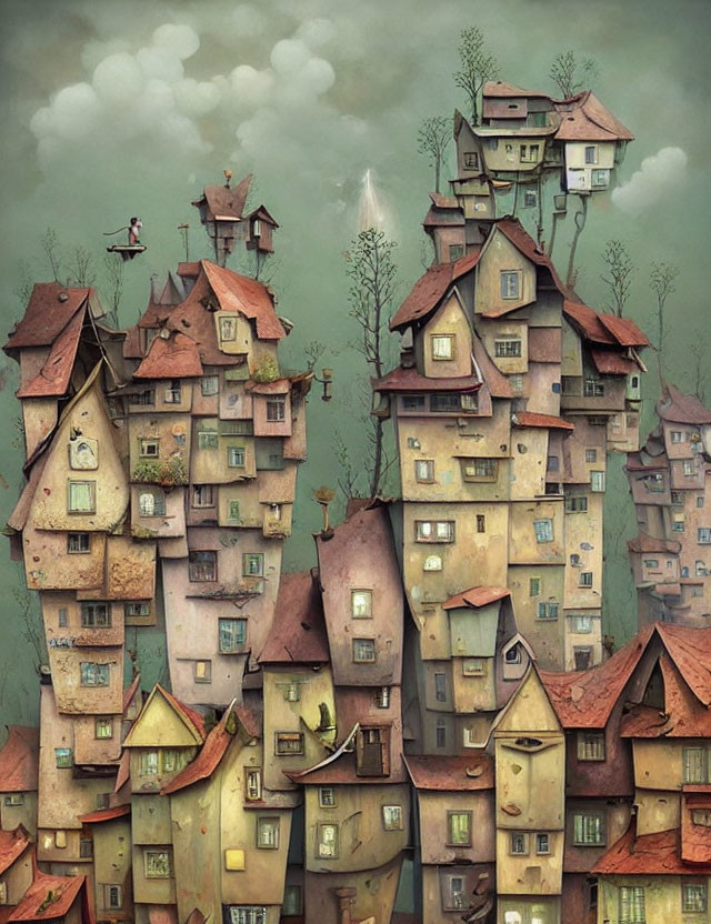 Whimsical crooked houses and floating figures under cloudy sky