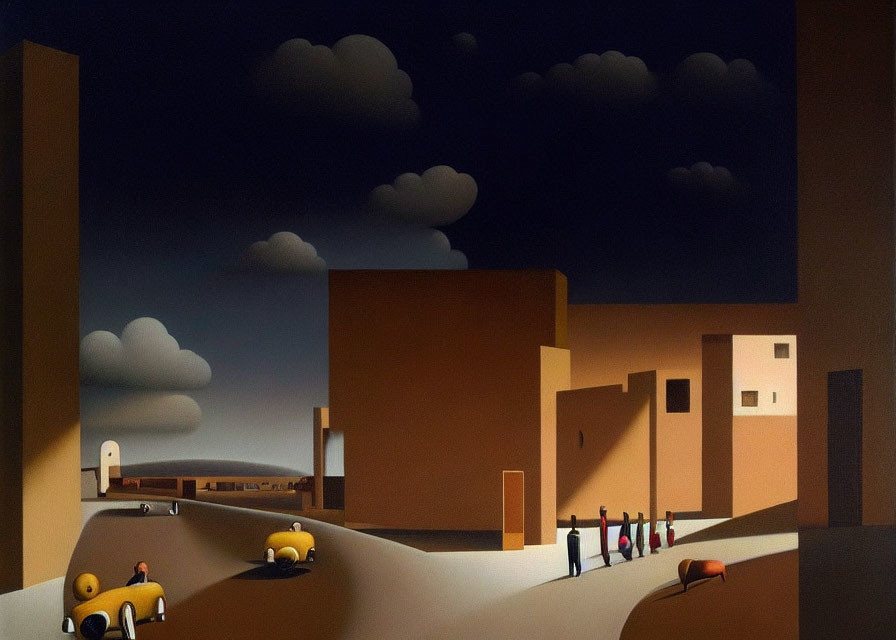 Surreal painting of stylized figures in desert town with oversized objects
