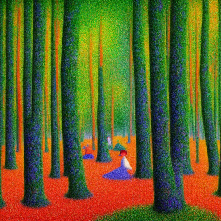 Vibrant Pointillist Forest Painting in Red, Green, and Orange