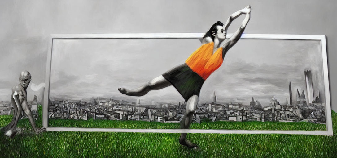 Monochrome painting of man kicking soccer ball into cityscape frame