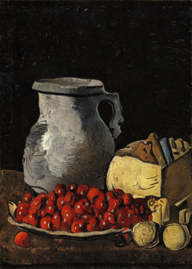 Classic Still Life Painting: White Jug, Strawberries, Bread, Cheese