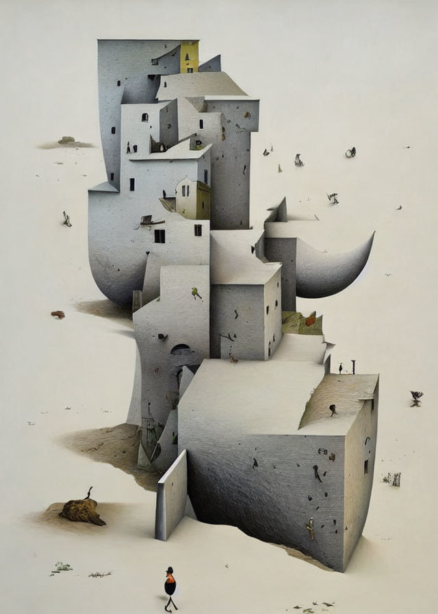 Surreal gravity-defying structure with houses, stairs, and tiny figures on crescent landmass