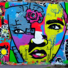 Colorful Face Street Art Mural on Concrete Wall