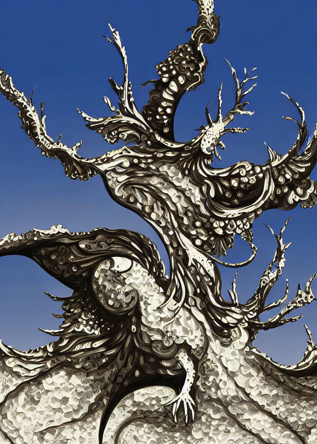 Highly stylized illustrated tree with swirling patterns against clear blue sky