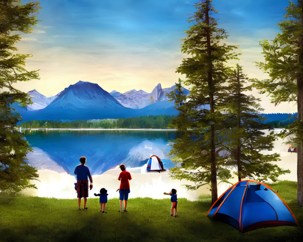 Family Camping Trip by Lakeside with Mountain View at Dusk