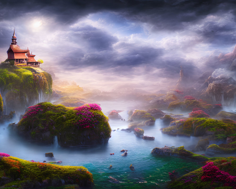 Fantastical landscape with pagoda, waterfalls, flora, and misty waters