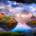 Fantastical landscape with pagoda, waterfalls, flora, and misty waters