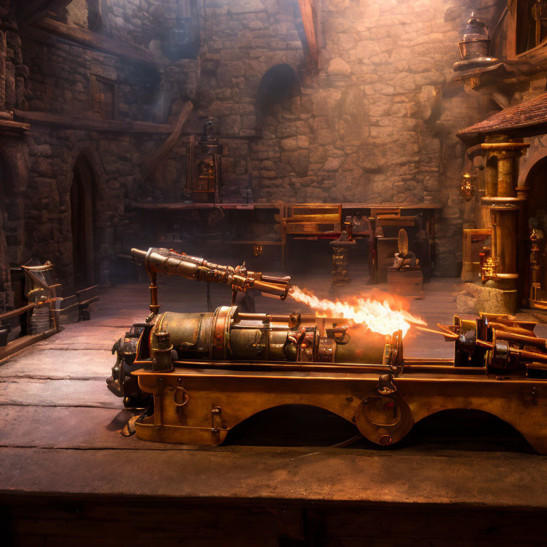 Medieval-style forge with blazing furnace and ornate cannon in stone-walled room.