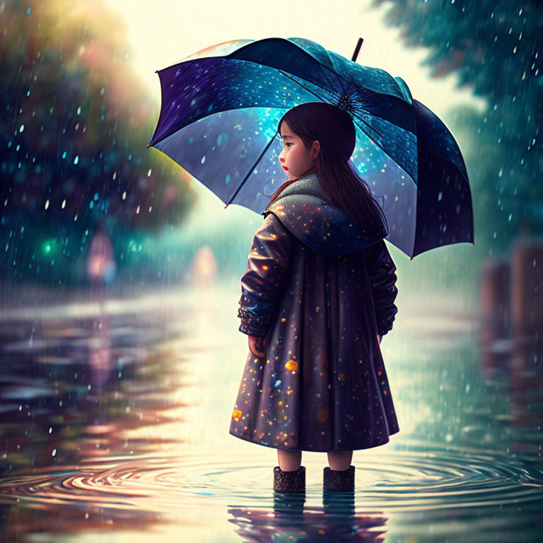 Young girl in brown coat with blue umbrella on flooded street in rain.